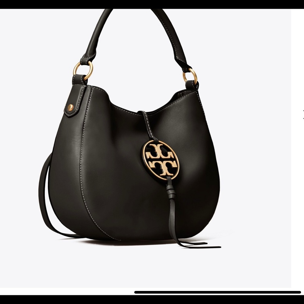 Tory Burch Metal Logo Miller Mini Black Leather Hobo Bag